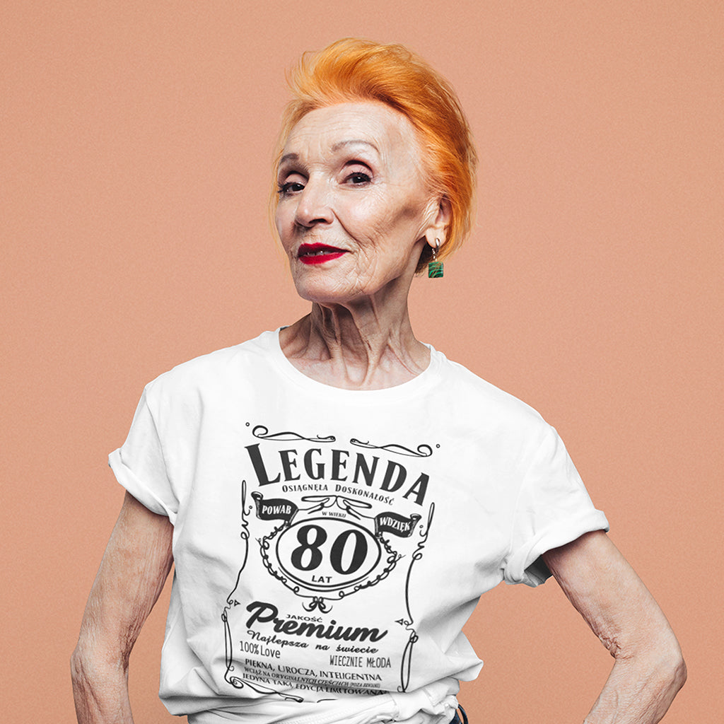 80 Urodziny DAMSKA - Legenda. Koszulka urodzinowa na 80 Lat dla kobiet inspirowana Jack Daniels