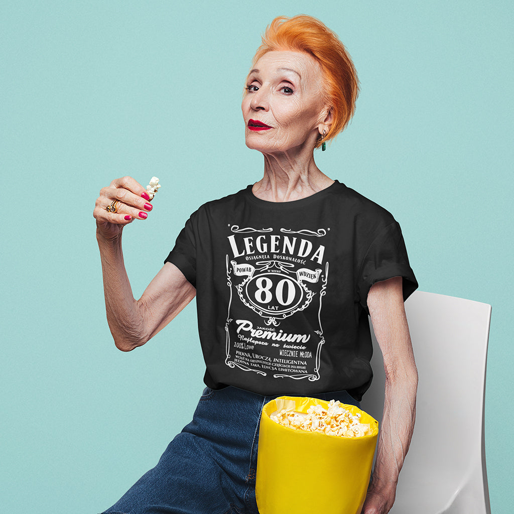 80 Urodziny DAMSKA - Legenda. Koszulka urodzinowa na 80 Lat dla kobiet inspirowana Jack Daniels
