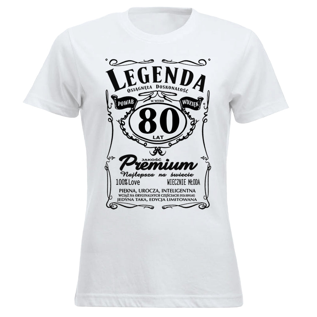 80 Urodziny DAMSKA - Legenda. Koszulka urodzinowa na 80 Lat dla kobiet inspirowana Jack Daniels
