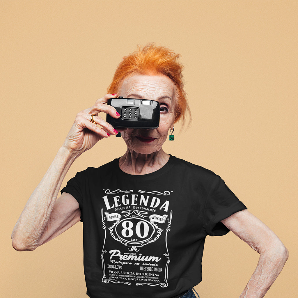 80 Urodziny DAMSKA - Legenda. Koszulka urodzinowa na 80 Lat dla kobiet inspirowana Jack Daniels